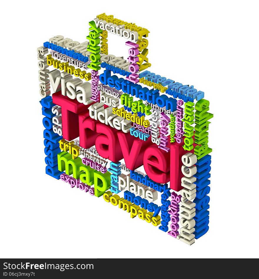 Bag arrangement of 3d travel word cloud.