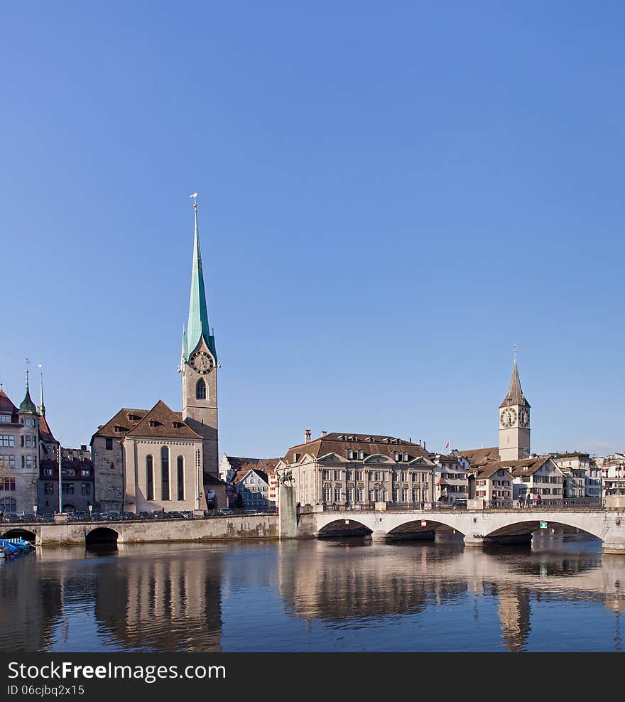 Zurich, Switzerland. Lady Minster and St. Peter Church. Zurich, Switzerland. Lady Minster and St. Peter Church