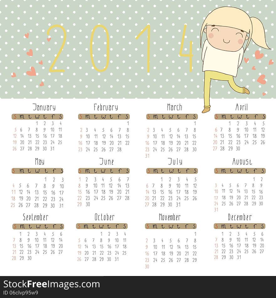 Calendar for 2014 with cheerful girl.