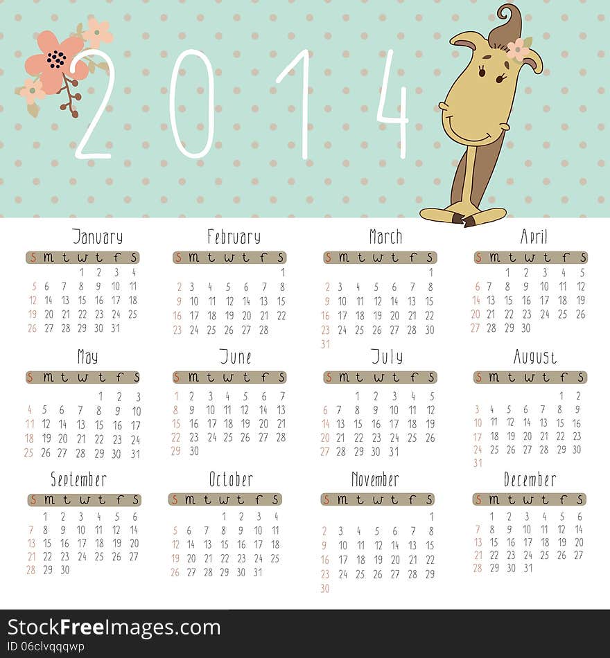 Calendar For 2014 With Cute Horse.