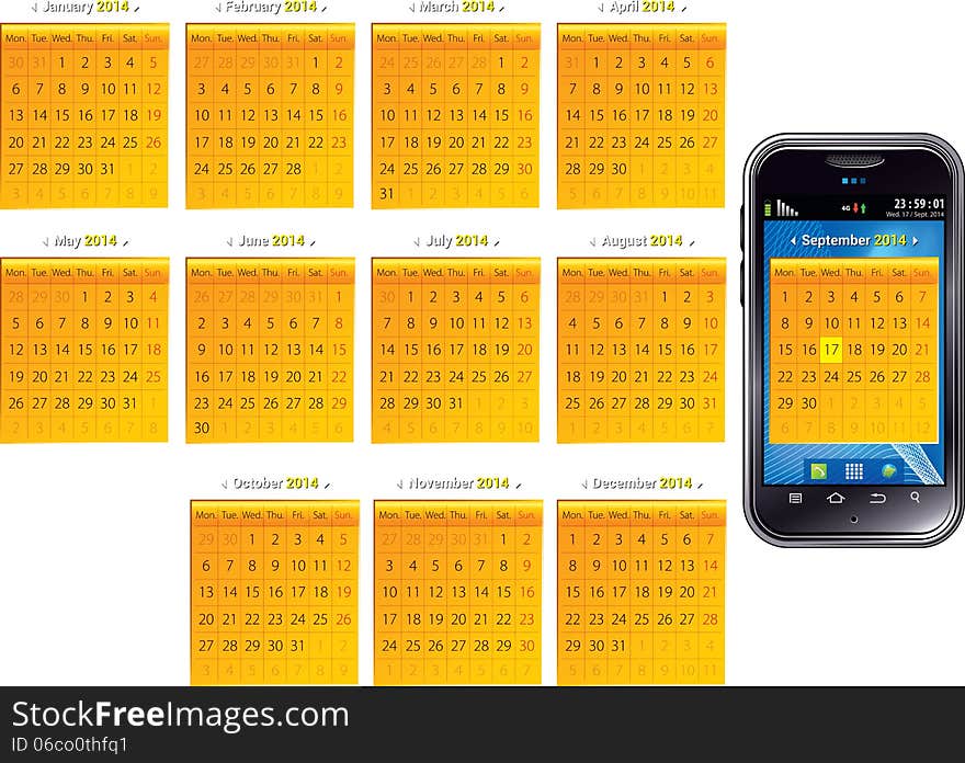 Mobile android phone with calendar of 2014 on the touchscreen. Mobile android phone with calendar of 2014 on the touchscreen.