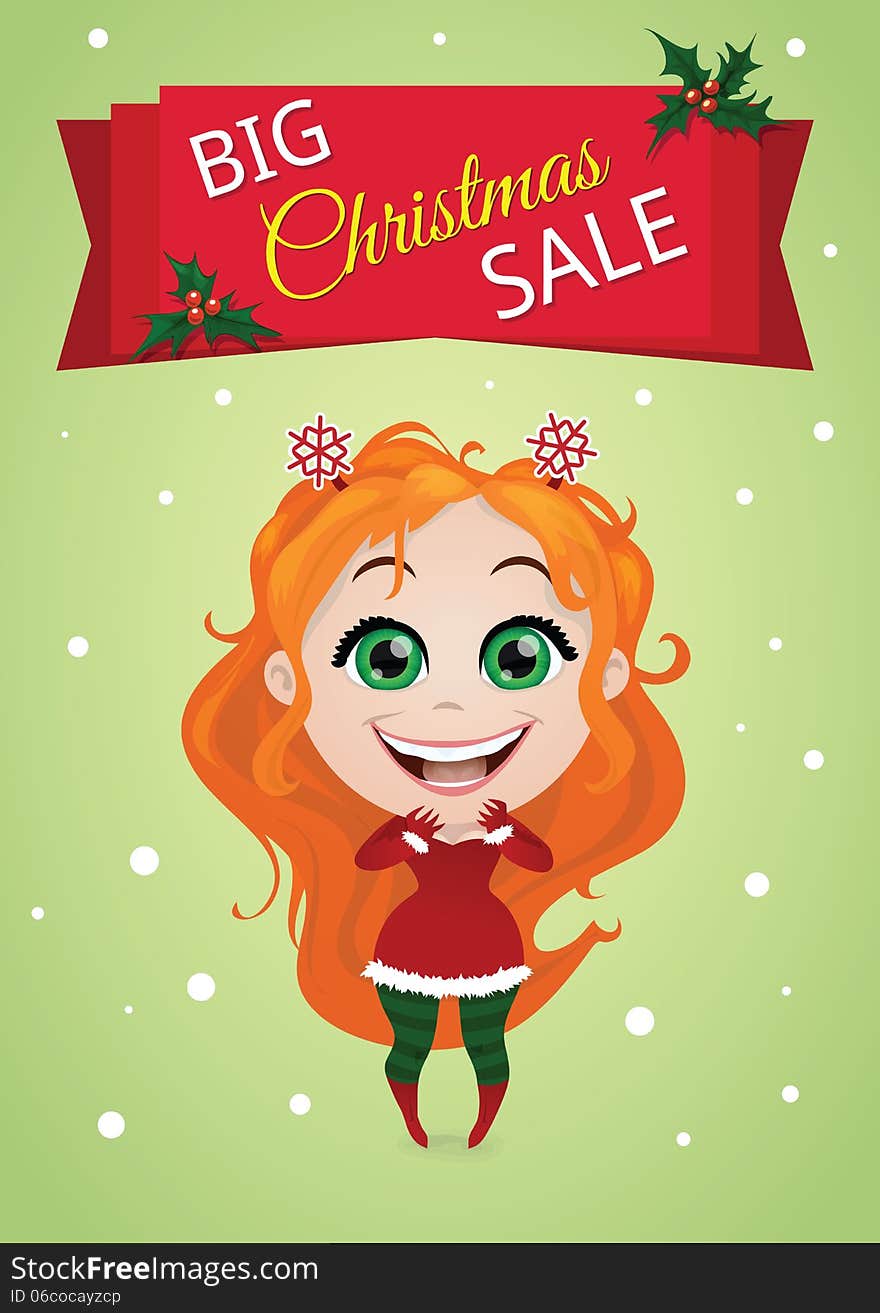 Christmas vector banner with an enthusiastic girl. Christmas vector banner with an enthusiastic girl