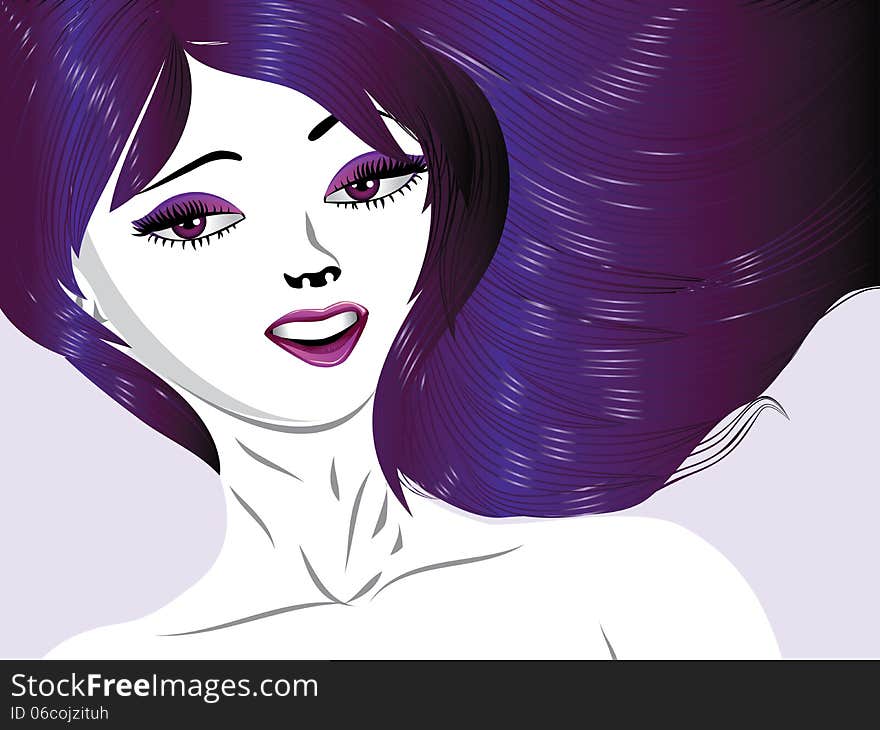 Portrait of an abstract girl with violet hair and purple eyes background. Portrait of an abstract girl with violet hair and purple eyes background.