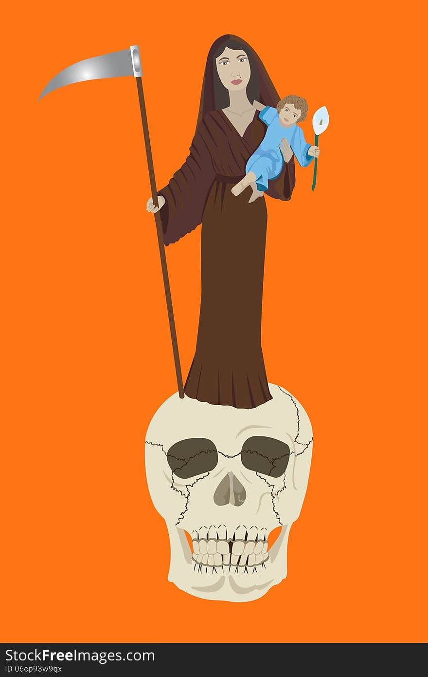 And conceptual vector illustration depicting the virgin mother as consoling death. Load the child in her left arm and right making the scythe, standing on a skull. And conceptual vector illustration depicting the virgin mother as consoling death. Load the child in her left arm and right making the scythe, standing on a skull.