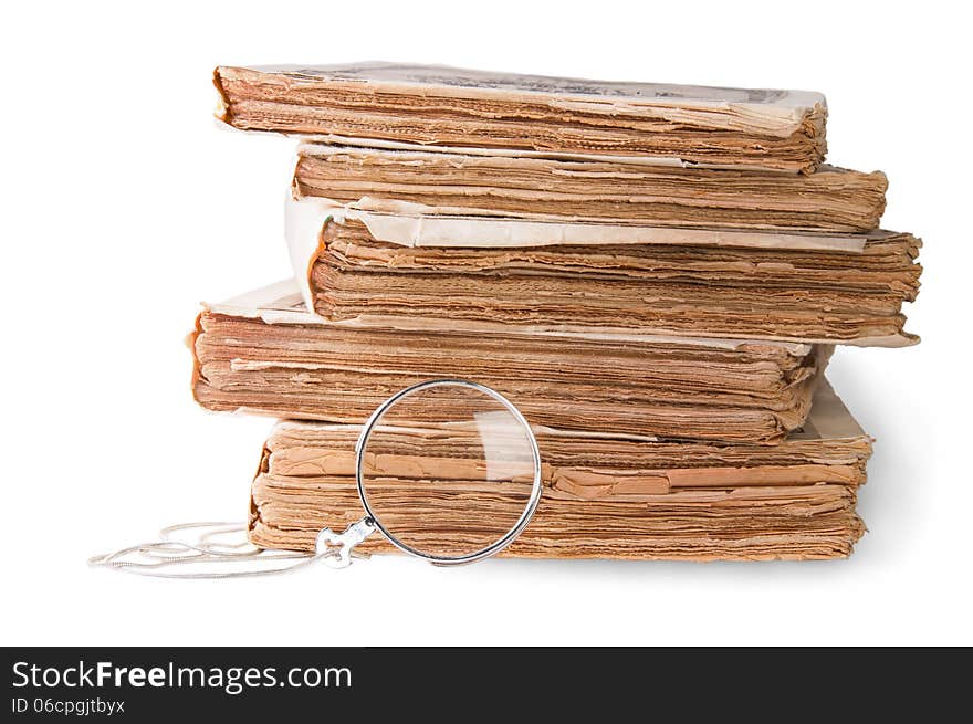 Old Books With Monocle Isolated On White Background