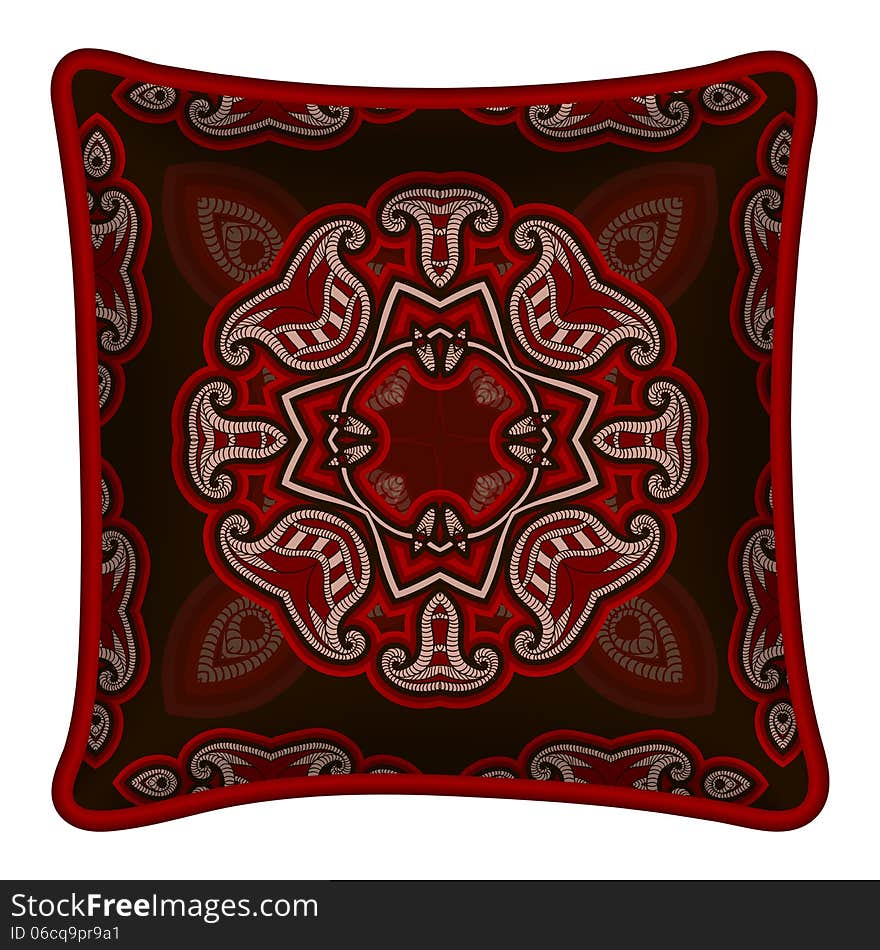 Interior design element: Decorative pillow with patterned pillowcase (traditional oriental pattern on dark background). Isolated on white. Vector illustration.