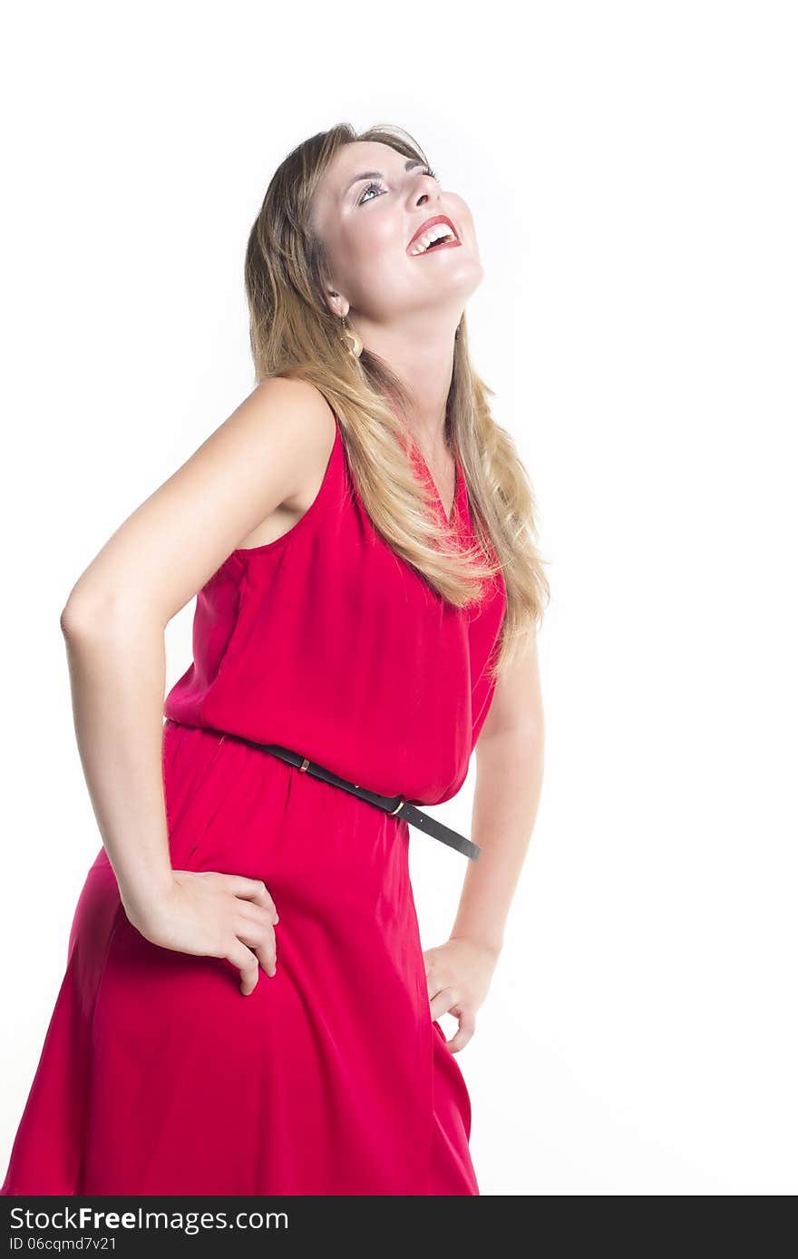 Isolated happy smiling blond girl with red dress. Isolated happy smiling blond girl with red dress