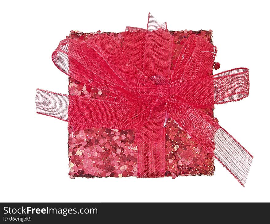 Top view of red glitter gift box on white background. Top view of red glitter gift box on white background