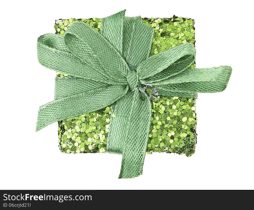 Top view of green glitter gift box on white background. Top view of green glitter gift box on white background