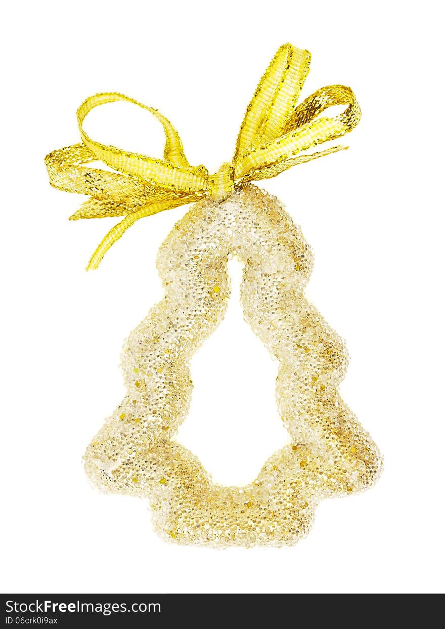 Ornament gold christmas tree with ribbon on white background