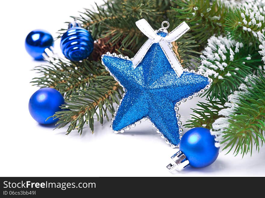 Christmas Card - Star, Blue Balls, Fir Branches, Isolated