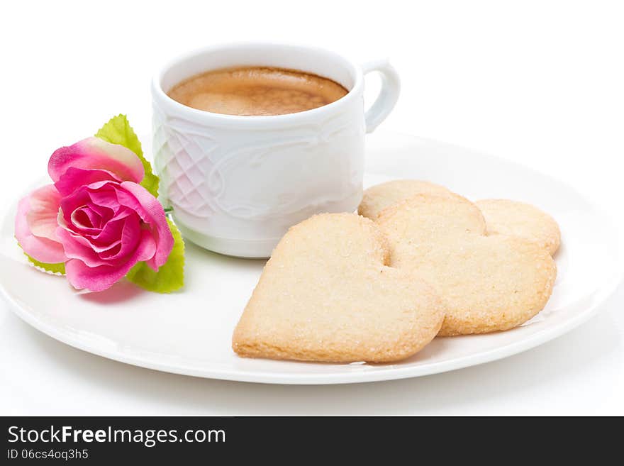 Cup of coffee, cookies and flower Valentine s Day, close-up