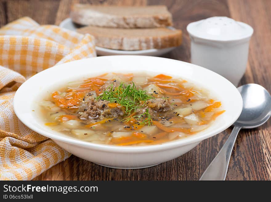 Delicious vegetable soup with meatballs, horizontal