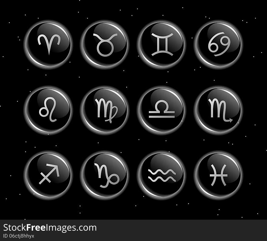 Horoscope glassy signs vector collection on a black background. Horoscope glassy signs vector collection on a black background