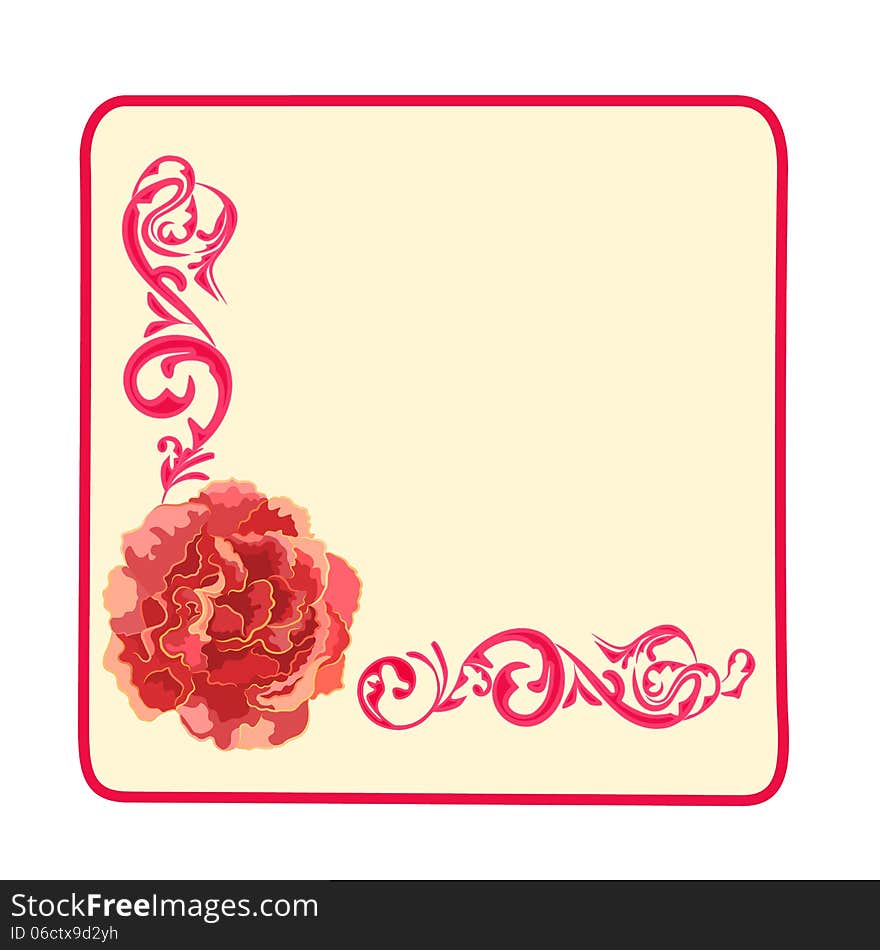 Button banner business card orange roses and ornaments square vector EPS8 illustration