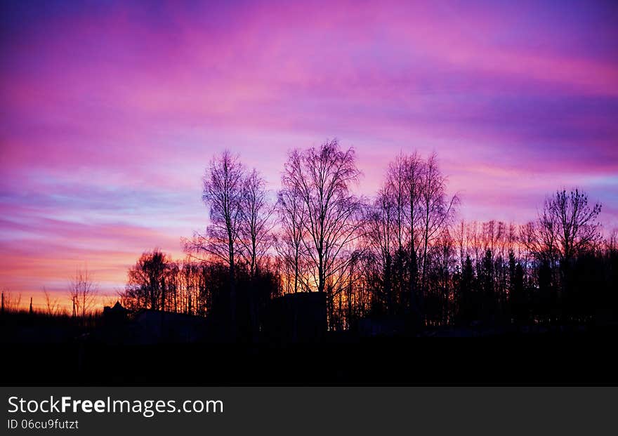 Pink and blue sunset landscape