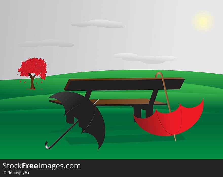 Landscape. Couple of umbrellas for men and women near the bench overlooking the mountains and the sky