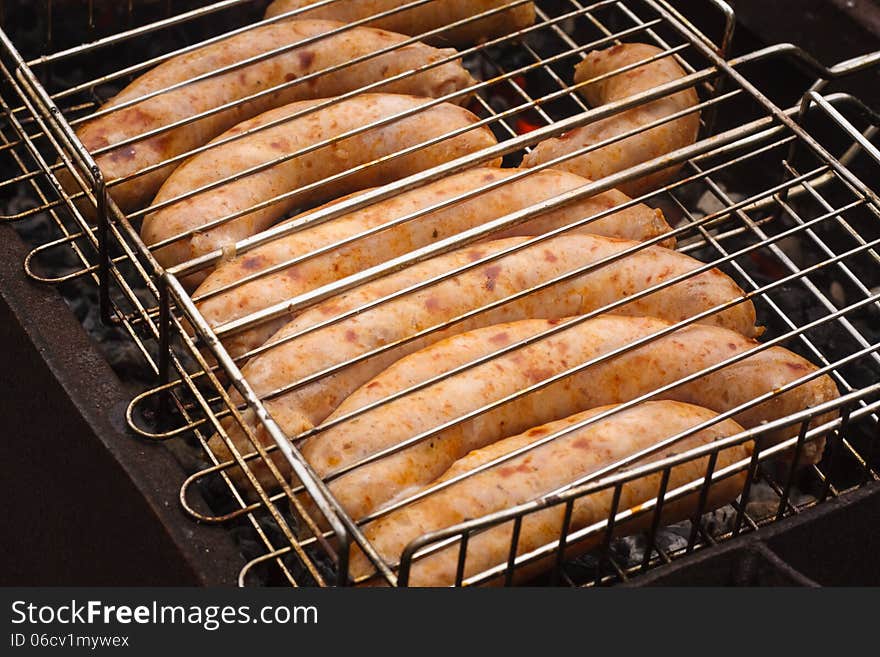 Delicious german sausages on the barbecue grill. Delicious german sausages on the barbecue grill