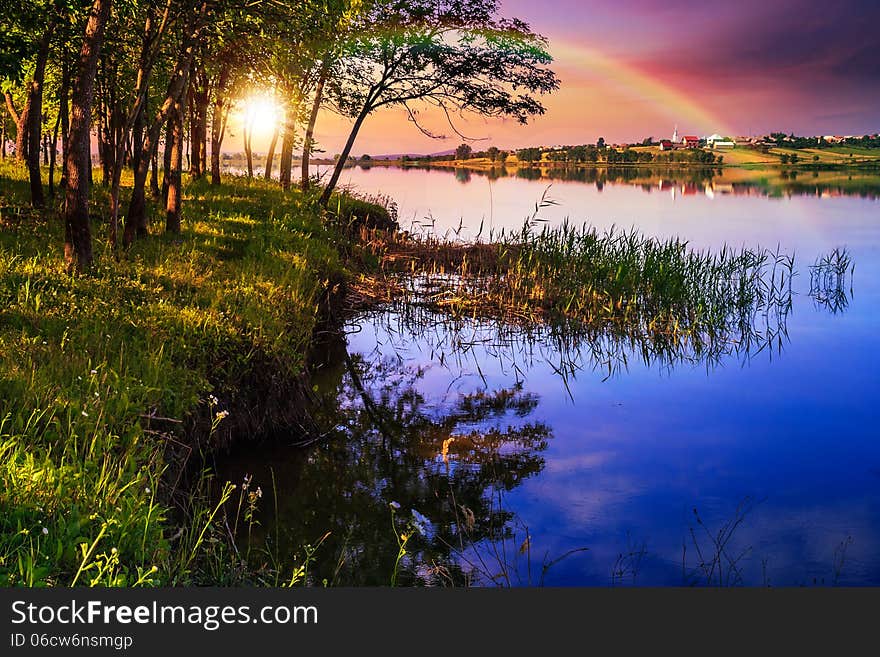 Mountain lake near forest