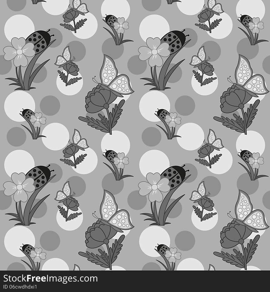 Seamless pattern with flowers and butterfly on background, grayscale vector illustration. Seamless pattern with flowers and butterfly on background, grayscale vector illustration