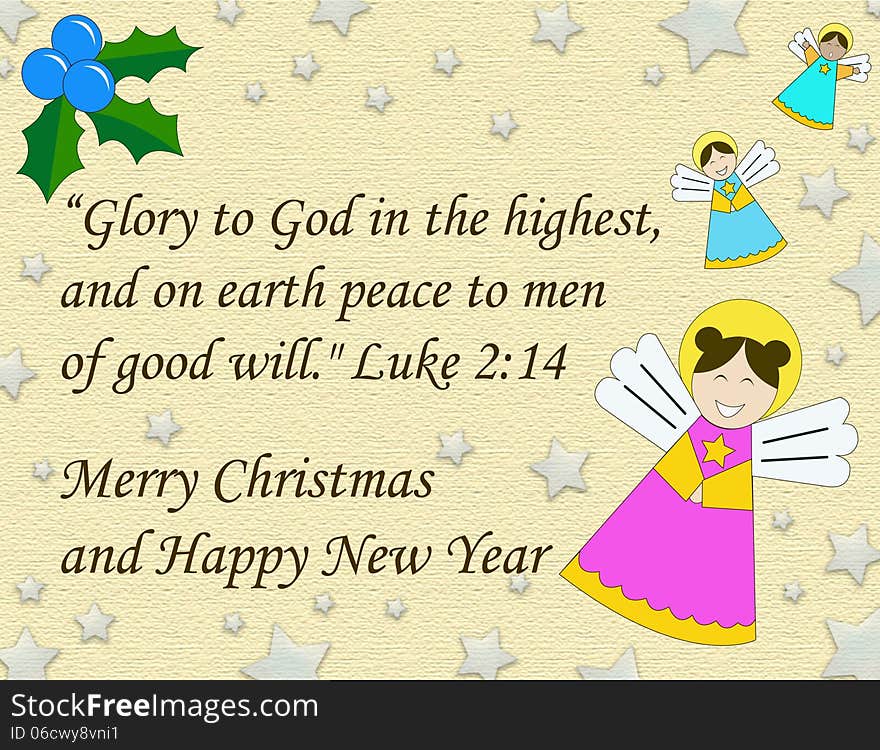 Image created by light beige textured background with transparent blue stars, blue flower Christmas angels. Accompanied by biblical text, Merry Christmas and Happy New Year. Image created by light beige textured background with transparent blue stars, blue flower Christmas angels. Accompanied by biblical text, Merry Christmas and Happy New Year.