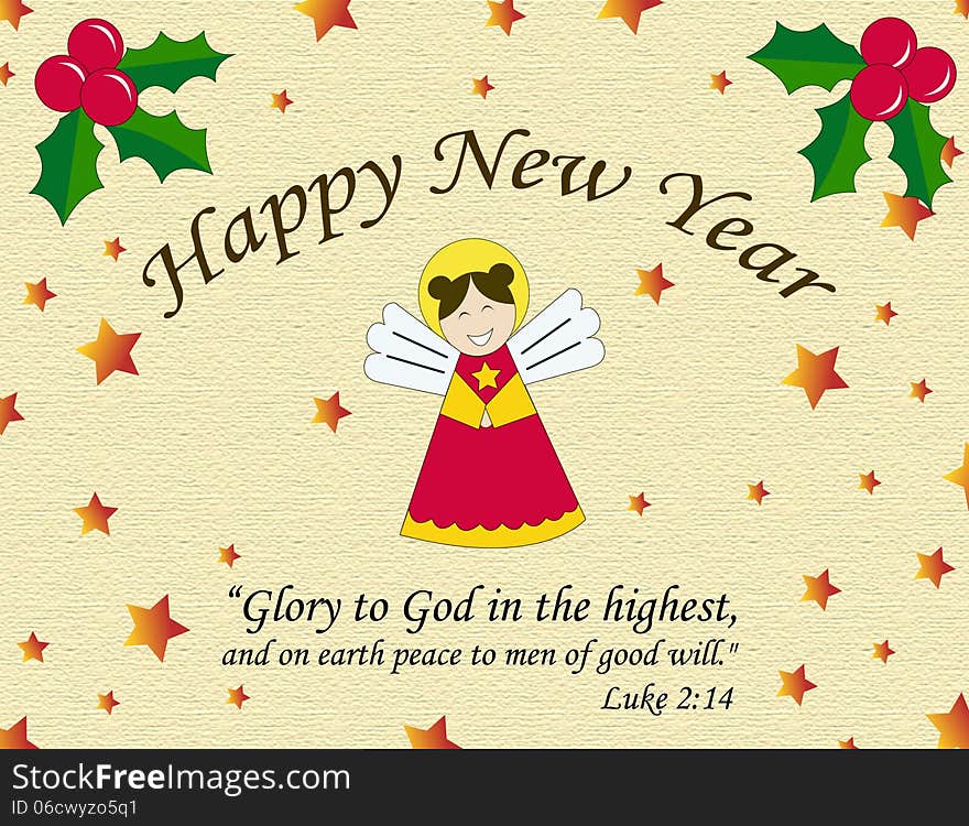 Image created by light beige textured background with star, angel. Accompanied Bible and Happy New Year text. Image created by light beige textured background with star, angel. Accompanied Bible and Happy New Year text.