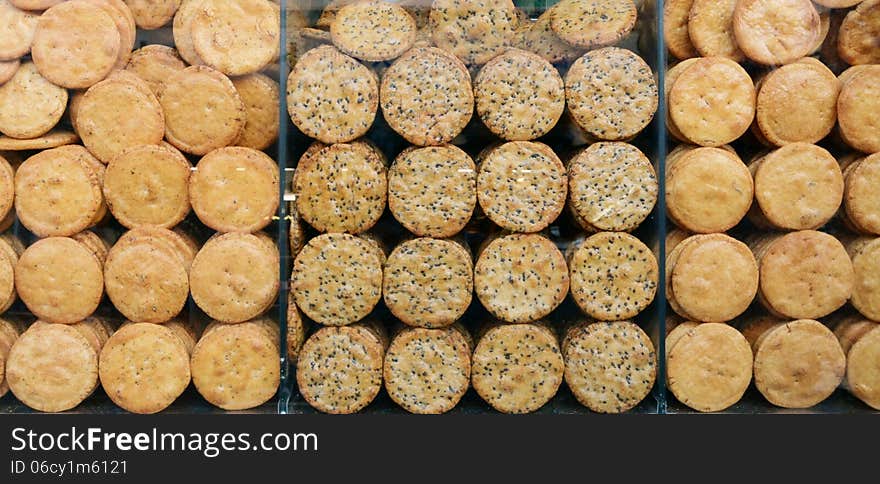 Rice candy sembei, a type of traditional Japanese rice crackers flavored with soy sauce and mirin