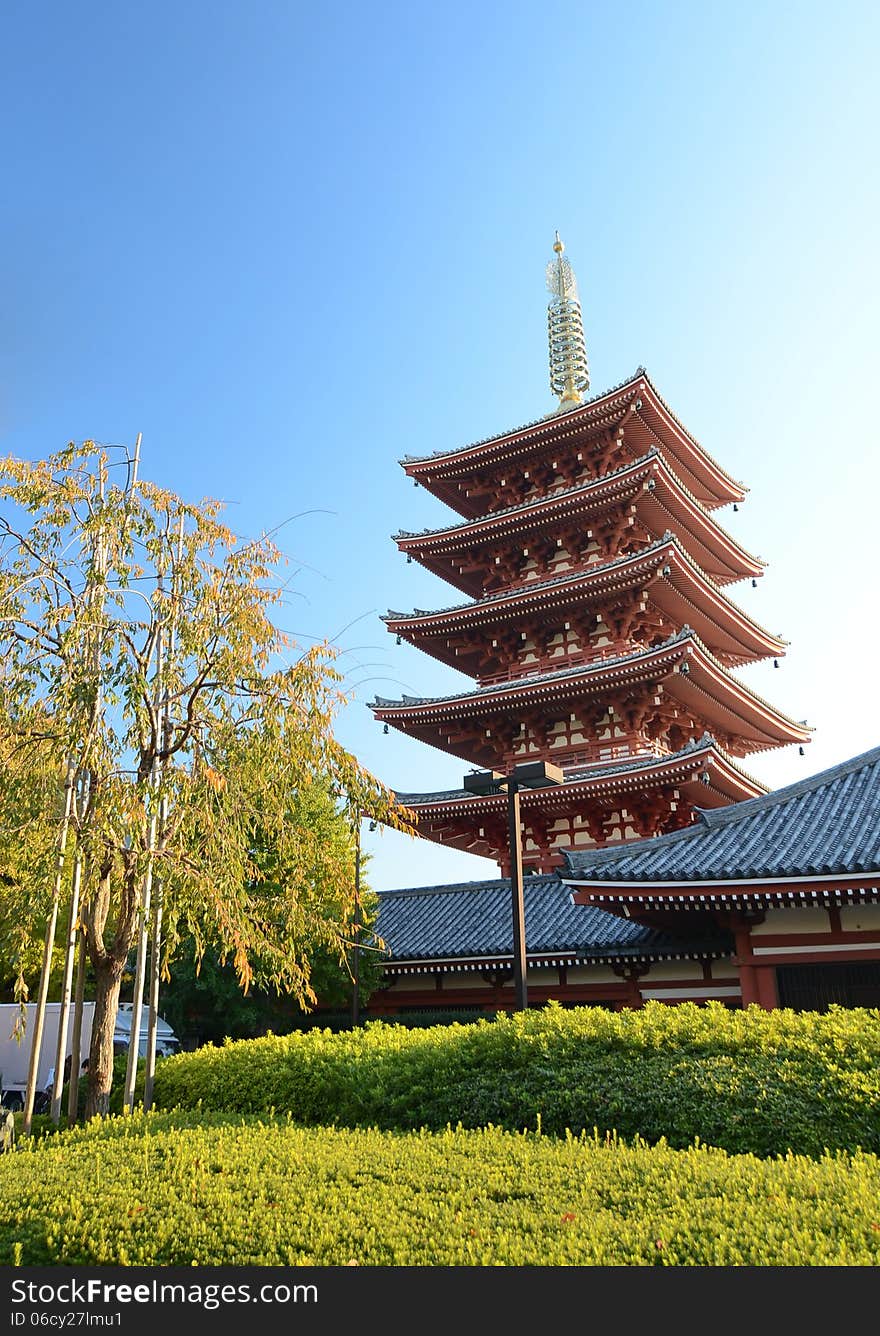 Five-storey Pagoda At Sensoji Temple In Tokyo, Japan.