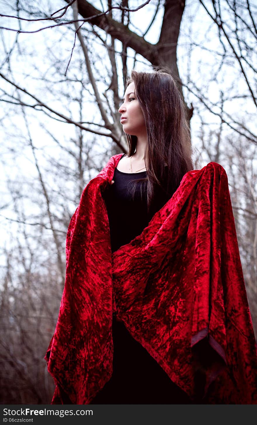 Woman In Black Dress With Red Fabric In Cold Dark Forest