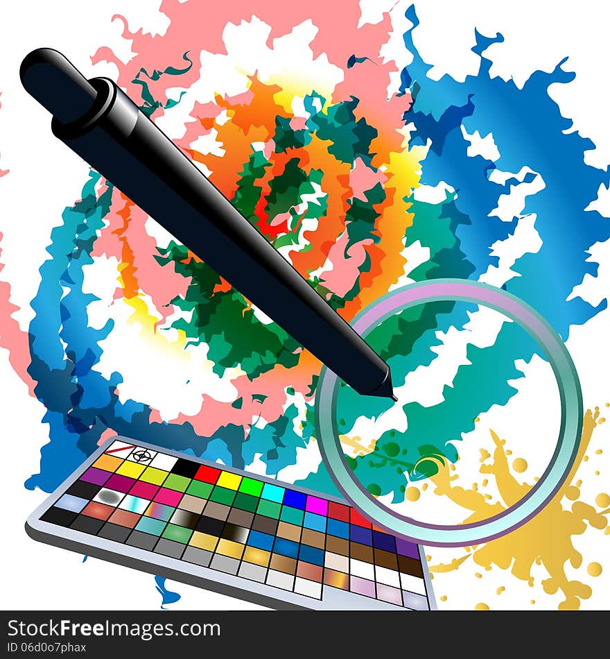 Illustration with tablet grip pen above digital sketch and illustrator swatches panel. Illustration with tablet grip pen above digital sketch and illustrator swatches panel