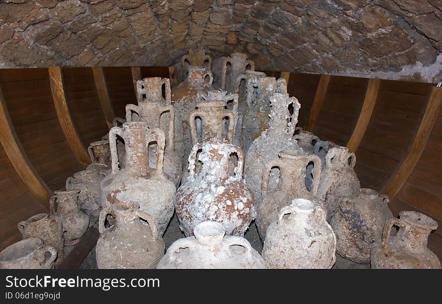 Ancient amphoras in fortress-museum in Marmaris, Turkey