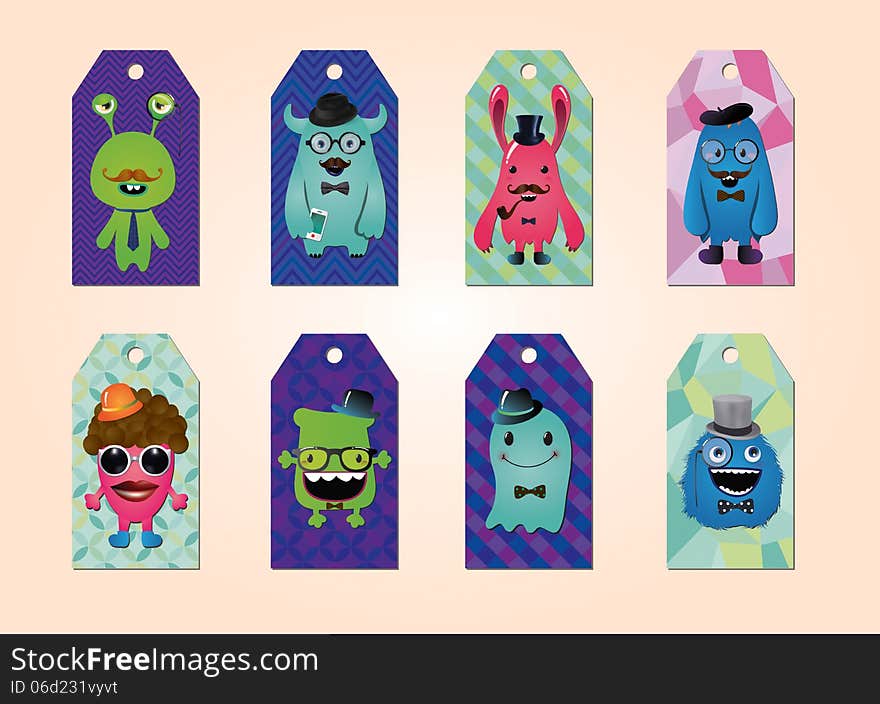 Tags collection with hipster monsters