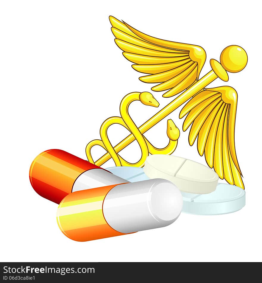 Gold caduceus and group of pills and capsules. Gold caduceus and group of pills and capsules