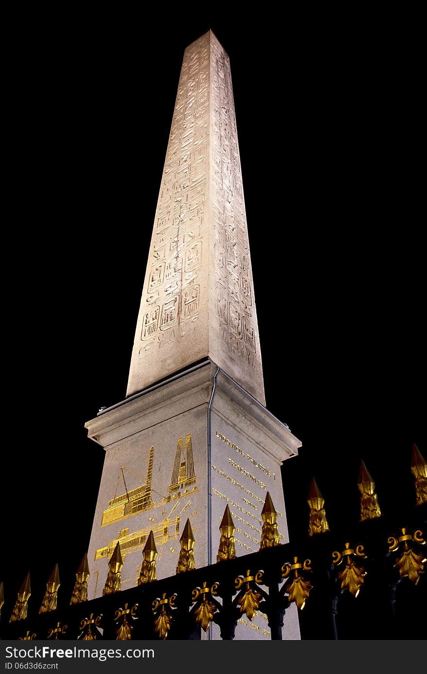 Egyptian Obelisk column at the Concorde place of Paris at Night, France