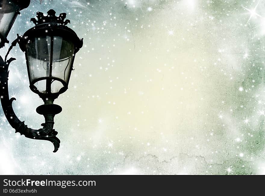 Christmas greeting card - white night with stars and street lamp