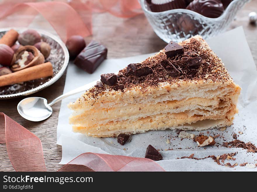 Piece of layer cake with cream