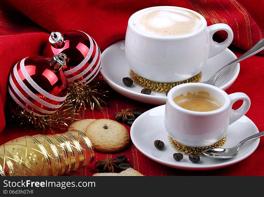 Milk and coffee with espresso on background of red cloth and pastries. Milk and coffee with espresso on background of red cloth and pastries