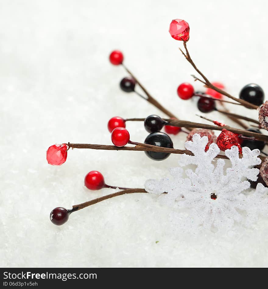 Christmas decor on snow abstract background