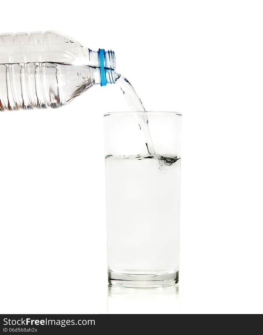 Water bottle pour water to glass on white background