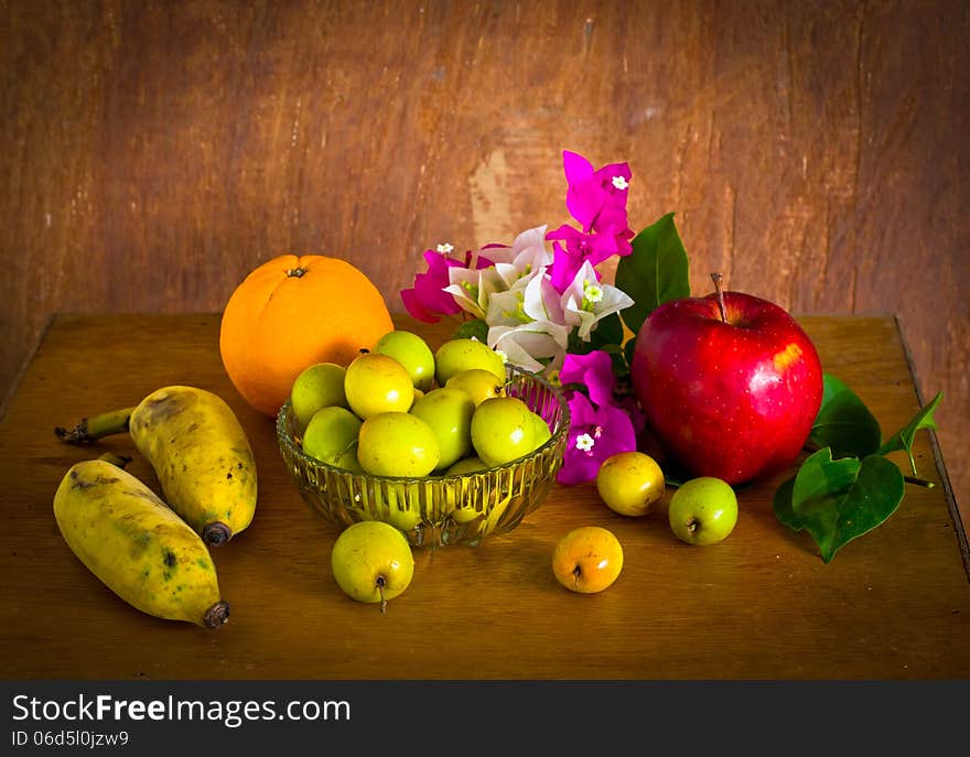 Fresh Bougainvillea flower and many fruit