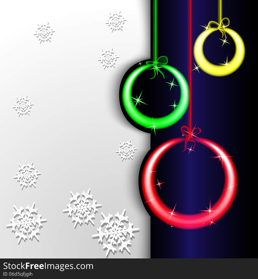 Christmas background. Colorful glowing neon colored balls and gray background with snowflakes. Vector illustration. Christmas background. Colorful glowing neon colored balls and gray background with snowflakes. Vector illustration.