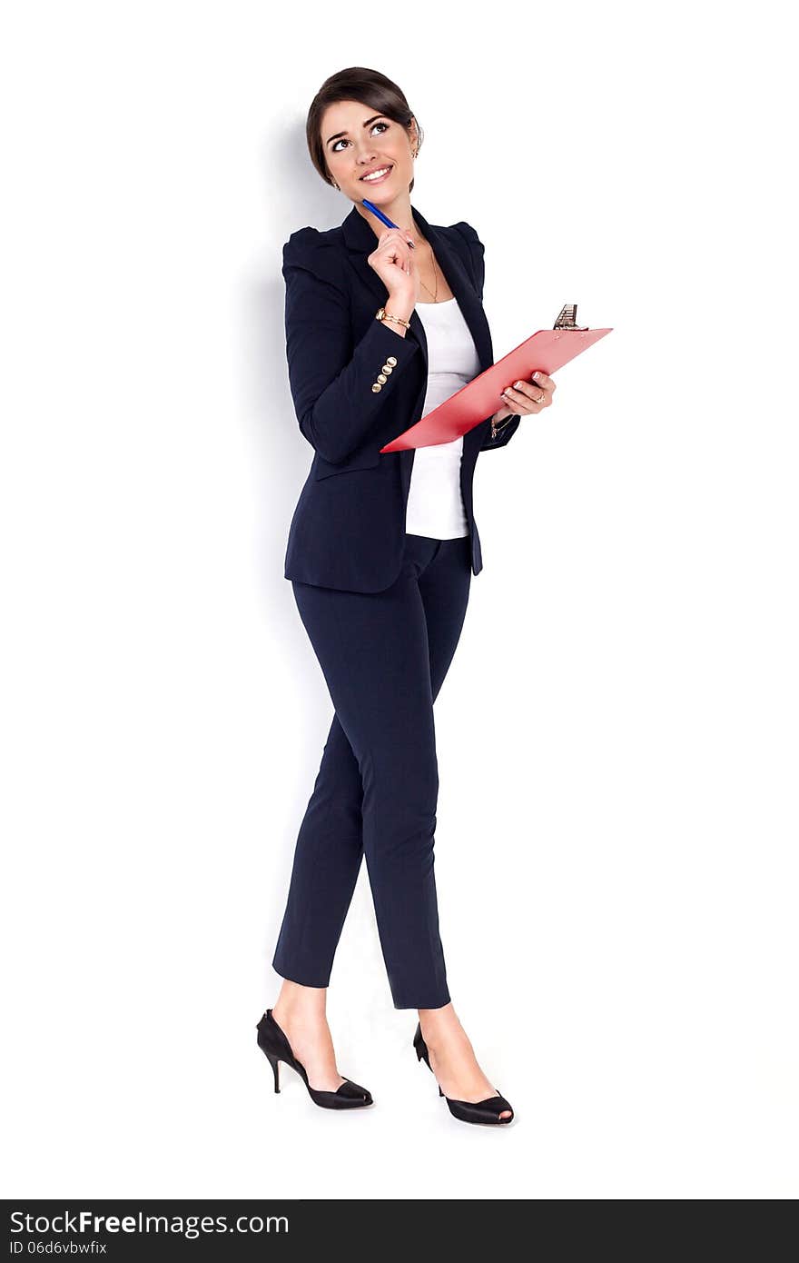 Happy successful business woman with red folder on white background