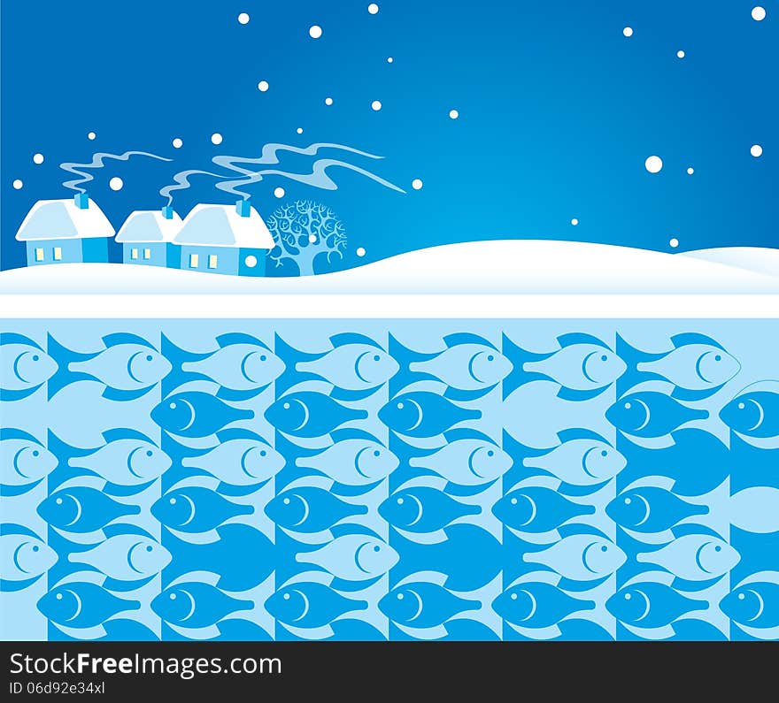 The illustration shows a winter landscape with houses. Near there is a river under ice shows silhouettes of fish. The illustration shows a winter landscape with houses. Near there is a river under ice shows silhouettes of fish.