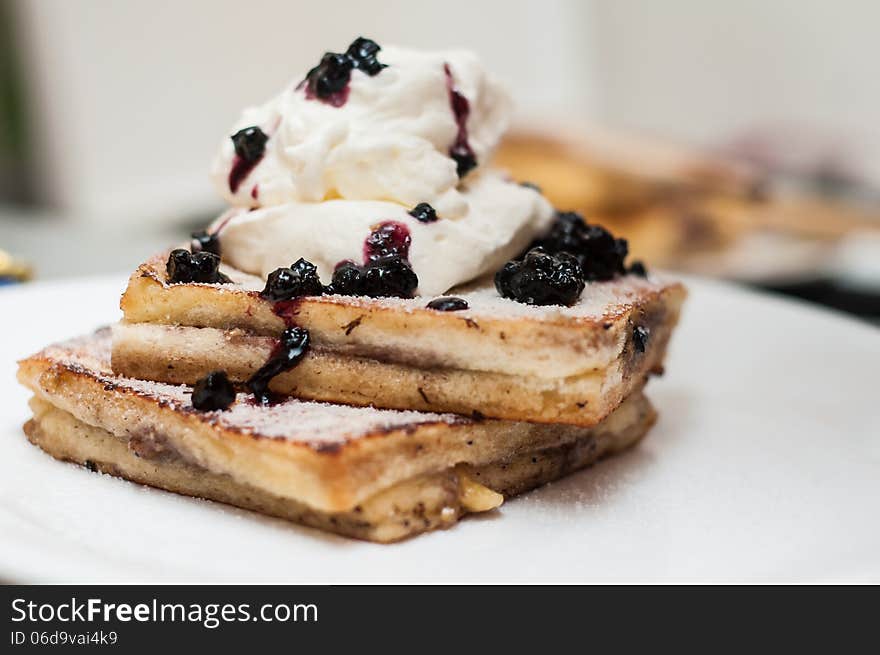 Fresh french toast with whip-cream and jam