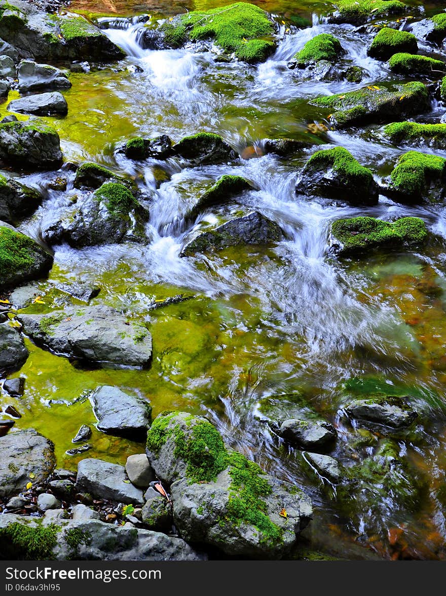 Mossy Rocks with flowing water from mountains