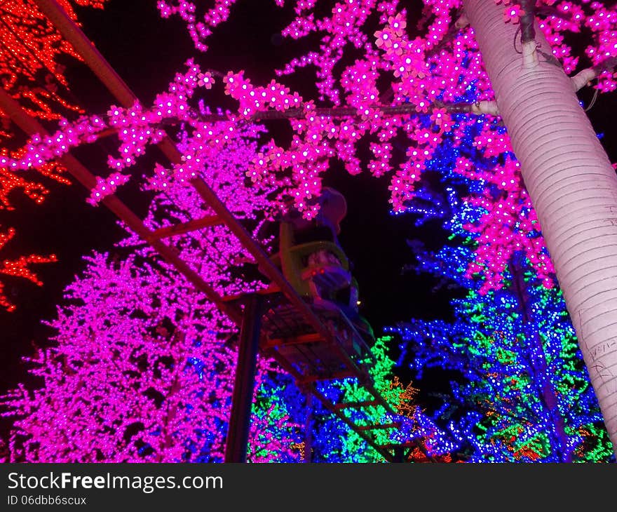 Magenta, blue, red, green LED flower tree in I-City Malaysia