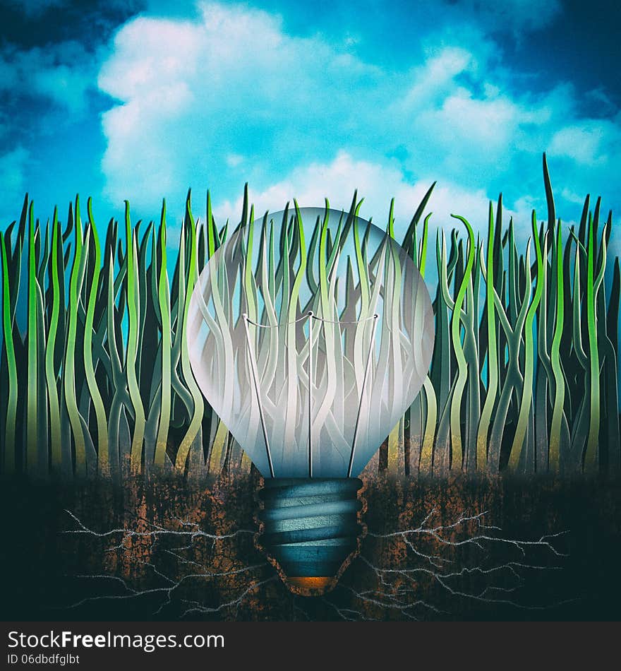 Bulb growing from the earth. Grass on sky. Bulb growing from the earth. Grass on sky.