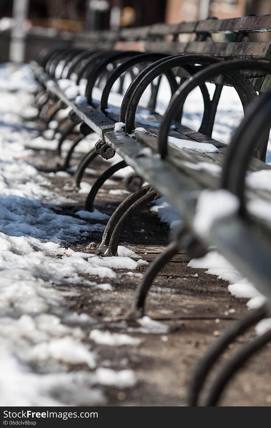 Row of benches in the snow at NYC park