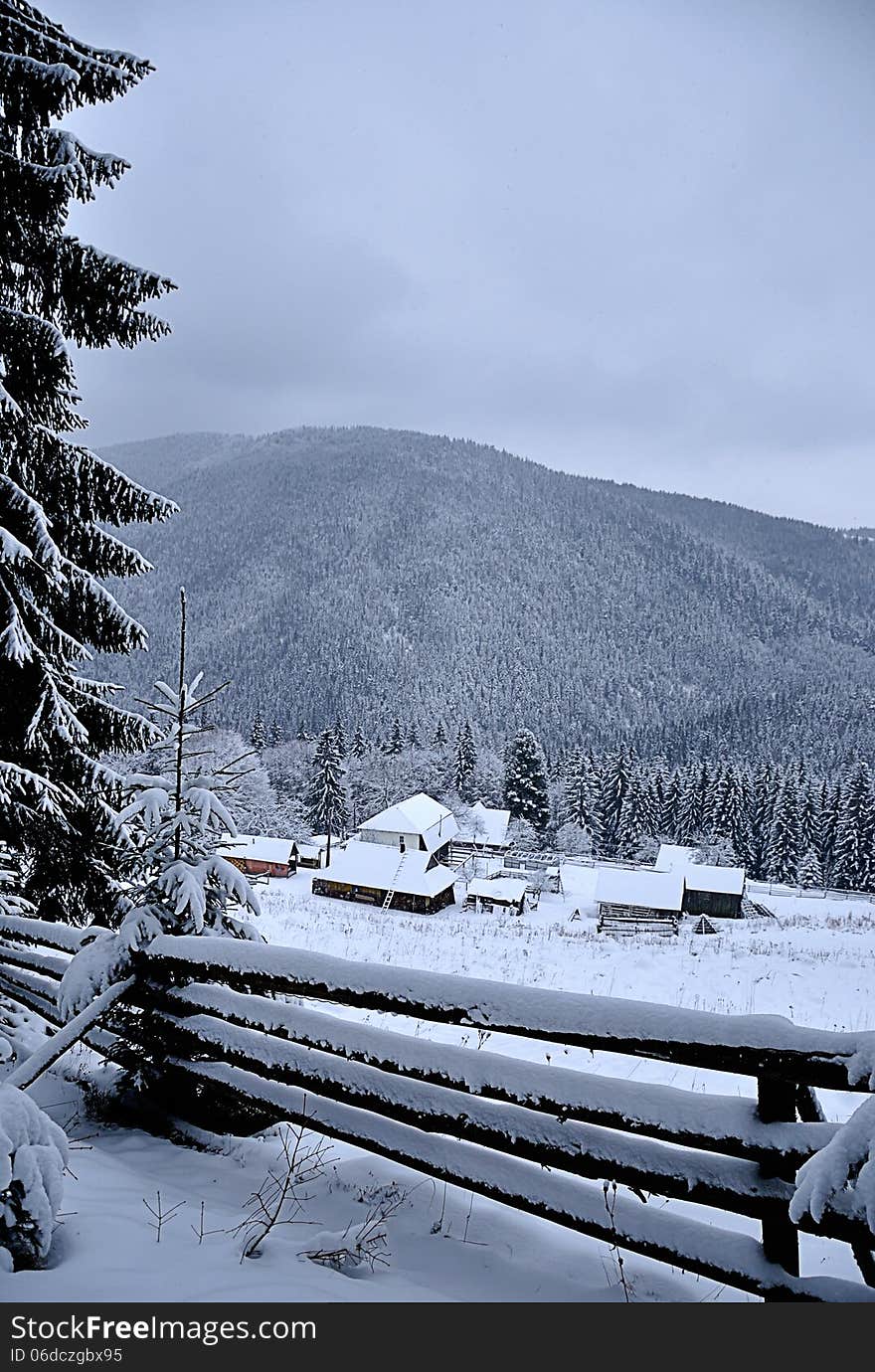 Image of beautiful winter day with snow-covered fir trees, frosty wooden fence and mountain. Image of beautiful winter day with snow-covered fir trees, frosty wooden fence and mountain