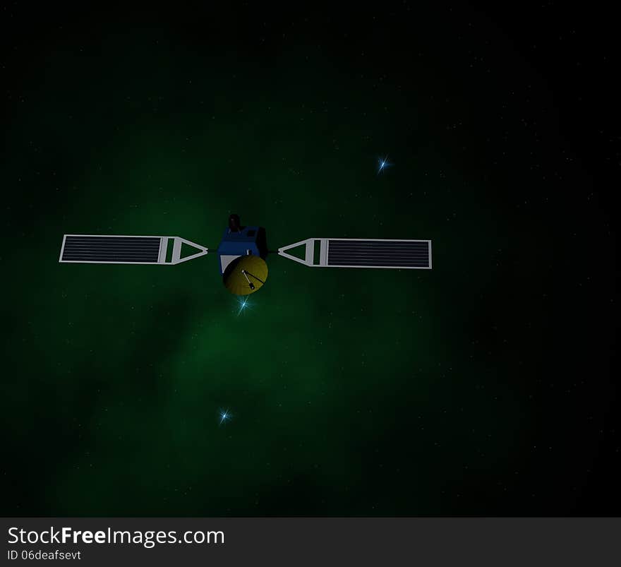 A spacecraft, satellite, in the sideral space, in the background a green nebula. 3D rendering.